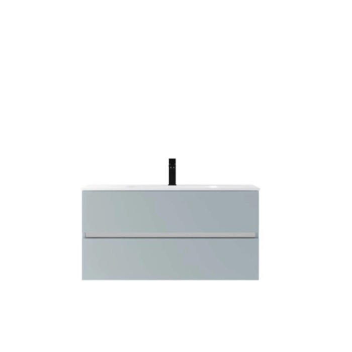 Mobile bagno moderno azzurro chiaro con lavabo e rubinetto nero. Arredo elegante per il tuo bagno.