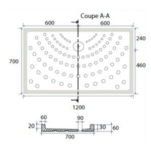 Disegno tecnico di un piatto doccia t.b.t. con dimensioni.