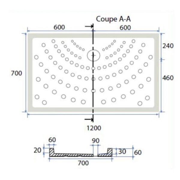 Disegno tecnico di un piatto doccia t.b.t. con dimensioni.