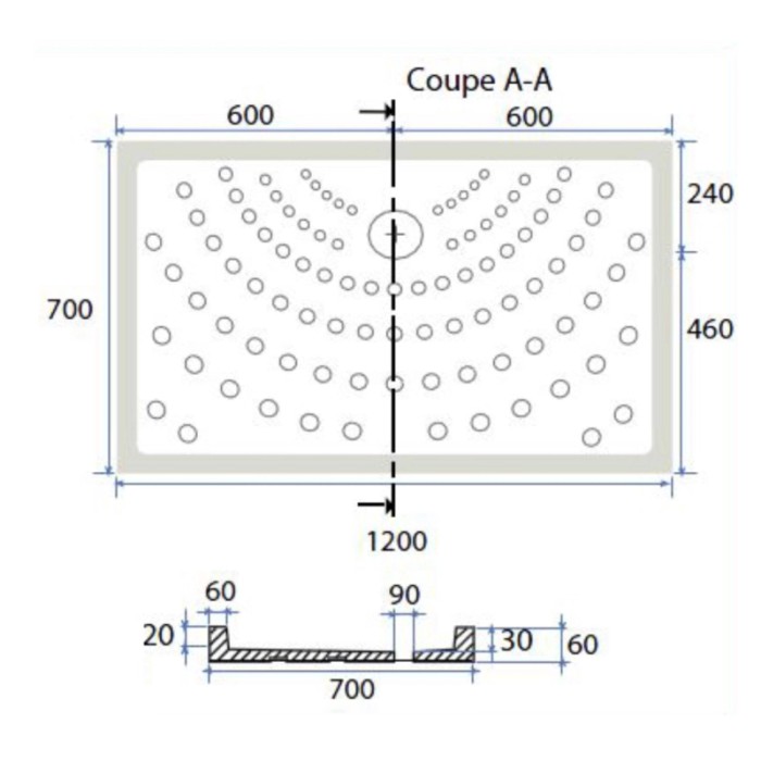 Disegno tecnico di un piatto doccia t.b.t. con dimensioni.