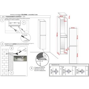 Istruzioni di montaggio per mobile bagno t.b.t.: Schema con misure e fasi di fissaggio.