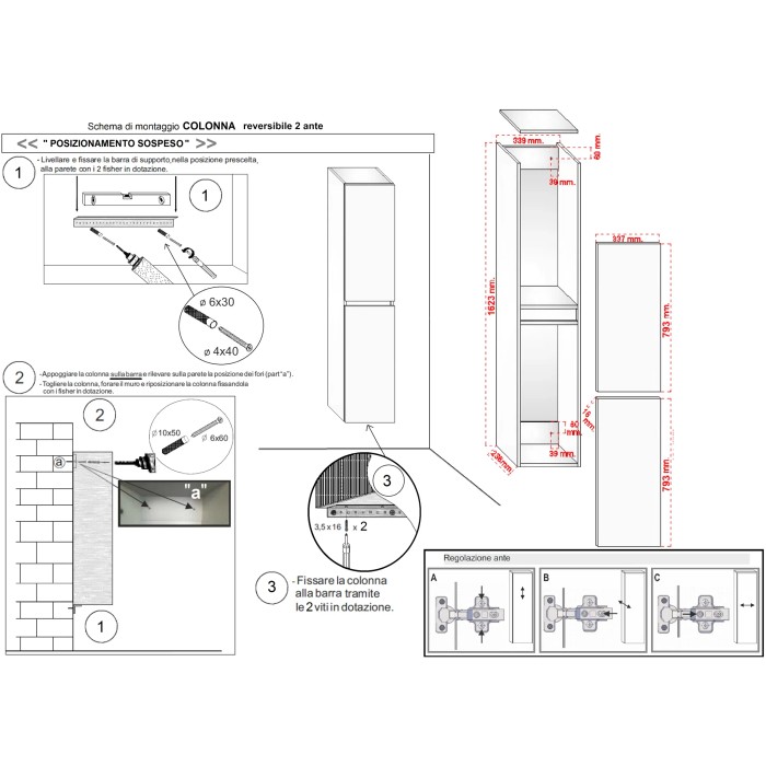 Istruzioni di montaggio per mobile bagno t.b.t.: Schema con misure e fasi di fissaggio.