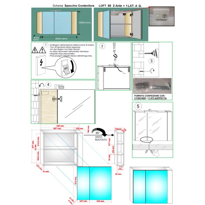 Disegno tecnico per mobile specchio. Dettagli su dimensioni e montaggio del t.b.t.