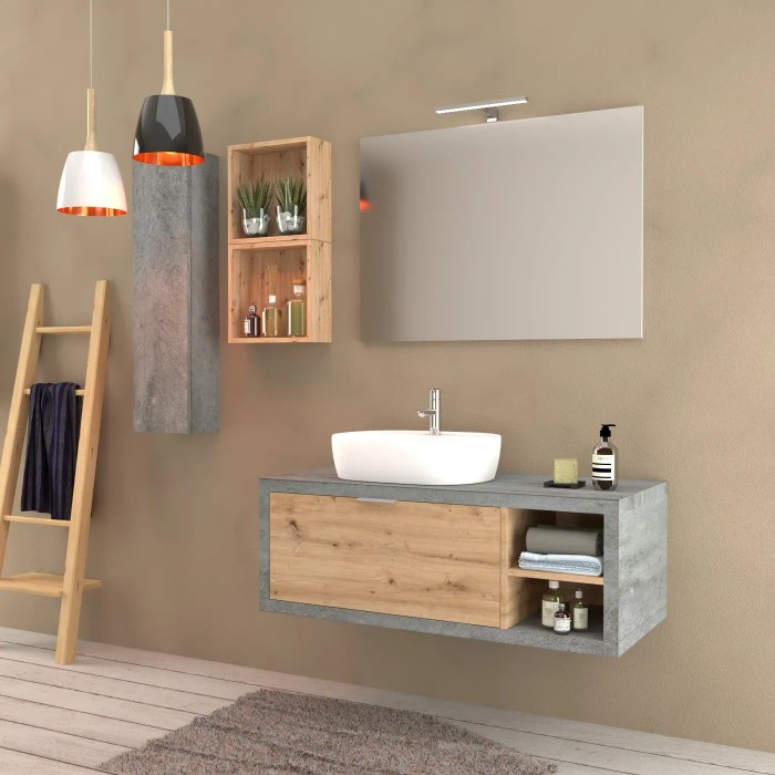 Bagno moderno con mobile lavabo, specchio, mensola e scala. Arredo bagno.