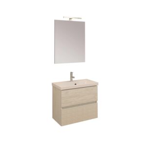 Set di mobili bagno moderni: mobile lavabo con lavabo, specchio e lampada.