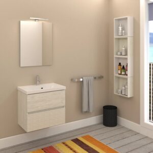 Set di mobili da bagno moderni con mobile lavabo, specchio e mensola effetto legno.