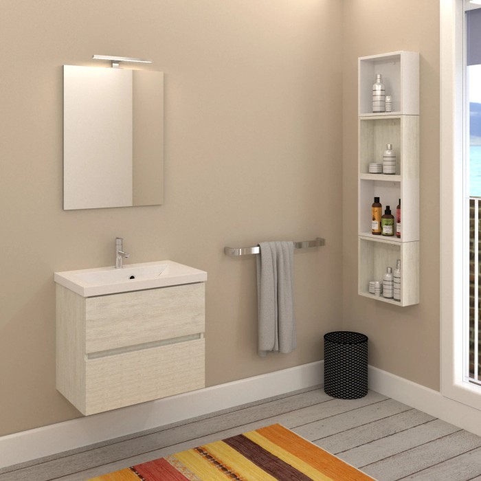 Set di mobili da bagno moderni con mobile lavabo, specchio e mensola effetto legno.