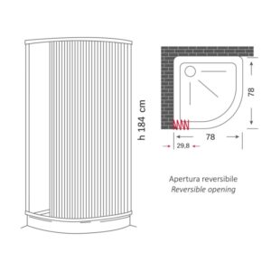 Disegno tecnico di un box doccia t.b.t. con dimensioni.