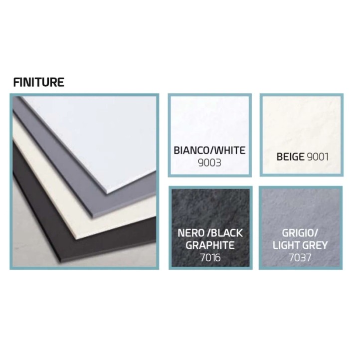 Selezione colori per piatto doccia t.b.t.: Bianco, Beige, Nero grafite, Grigio chiaro.