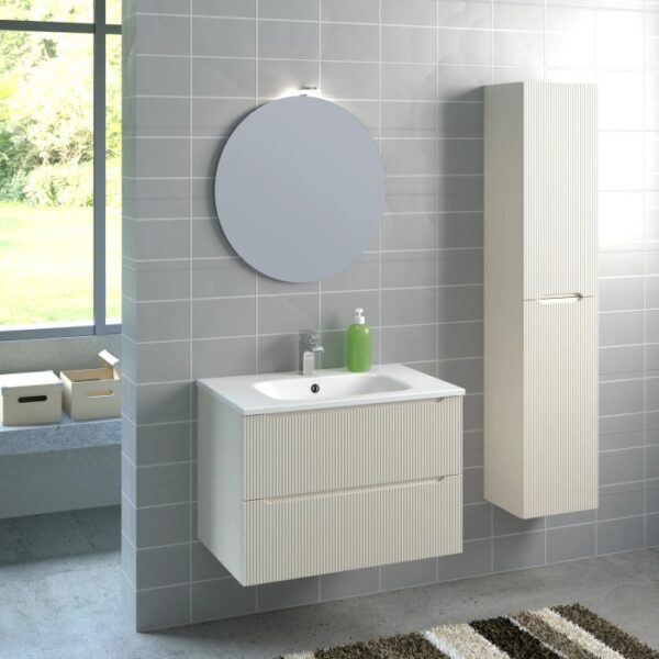 Set bagno moderno: mobile lavabo con armadio, pensile a specchio e specchio rotondo.