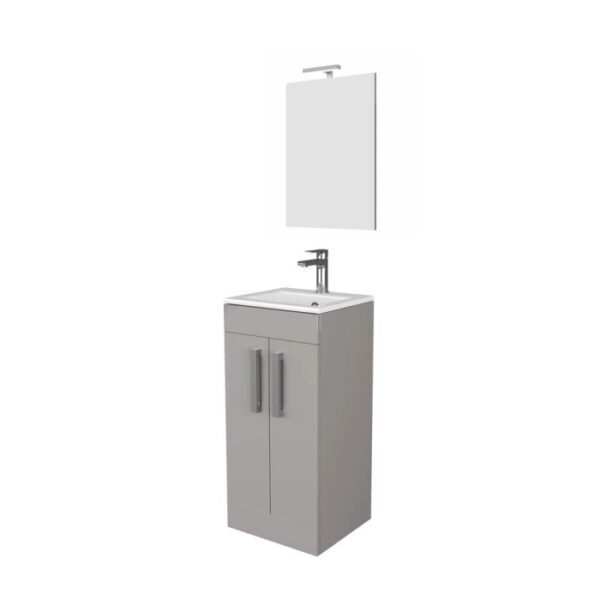 Mobile bagno grigio con specchio e rubinetto.