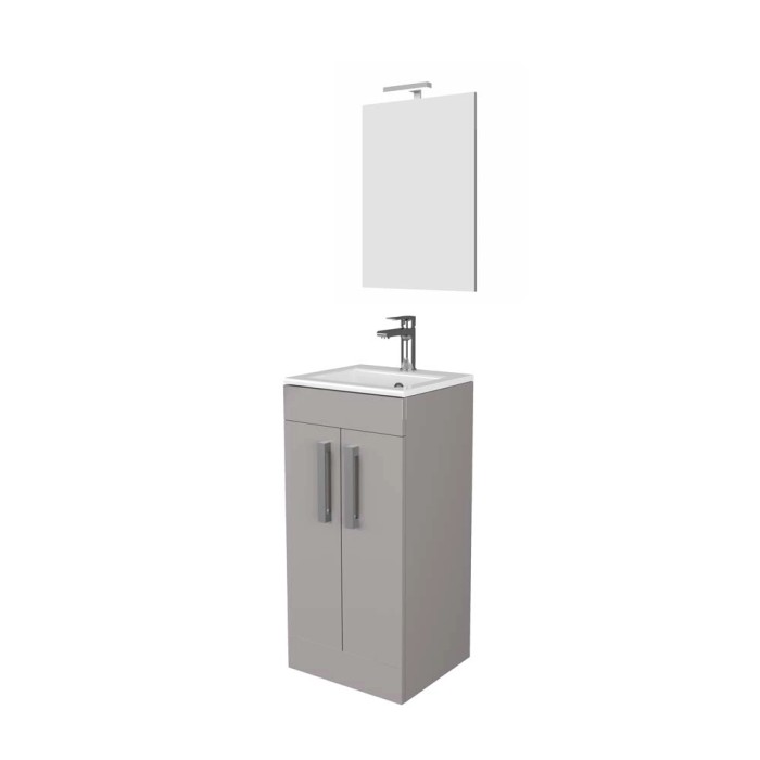 Mobile bagno grigio con specchio e rubinetto.