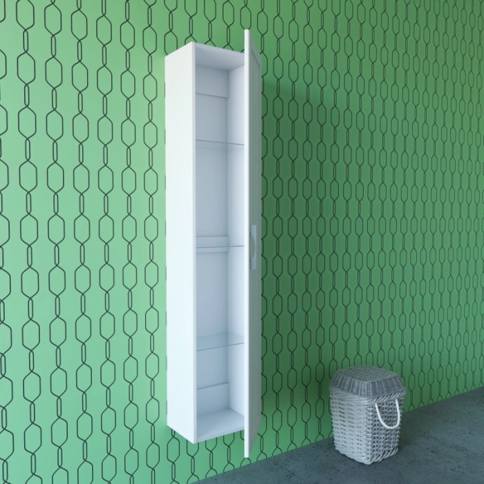 Mobile bagno sospeso bianco e stretto con ripiani in vetro, parte della serie di arredo bagno.