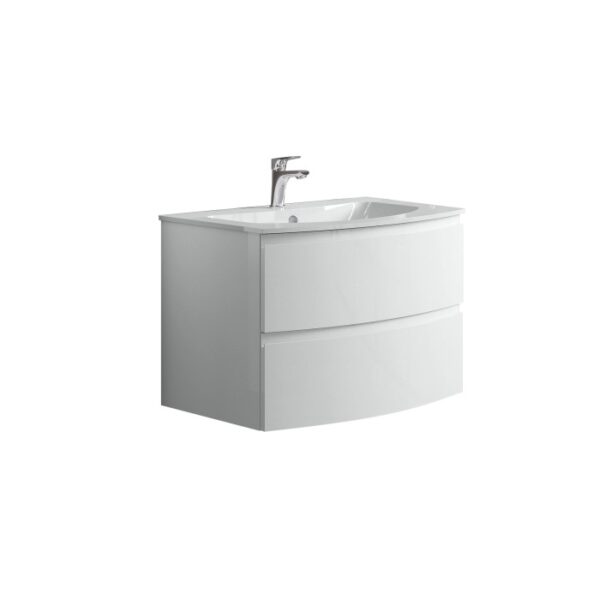 Mobile bagno bianco con due cassetti e lavabo, categoria arredo bagno.