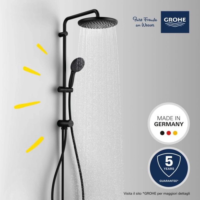 Sistema doccia Grohe Vitalio Start 250 Flex nero con soffione e doccetta per montaggio a parete.