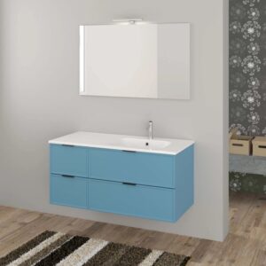 Mobile lavabo Lavandini blu con lavabo da appoggio bianco e specchio.