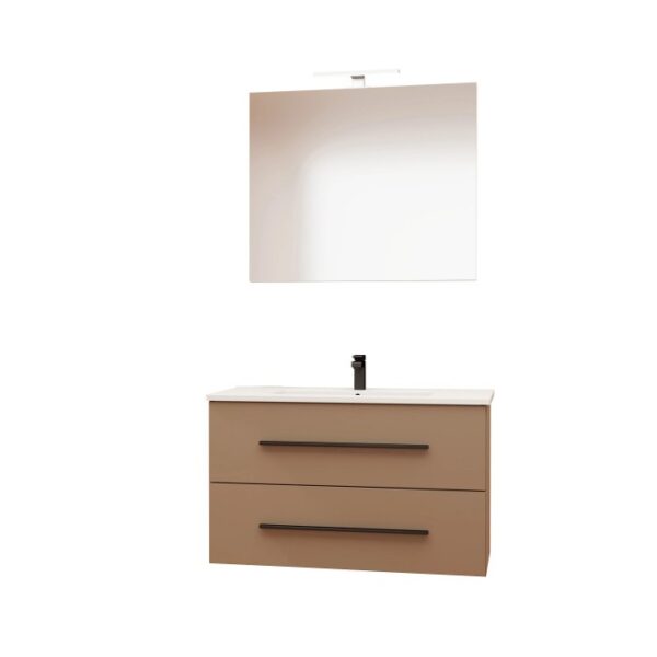 t.b.t. Mobile bagno con specchio e due cassetti marroni. Set arredo bagno.