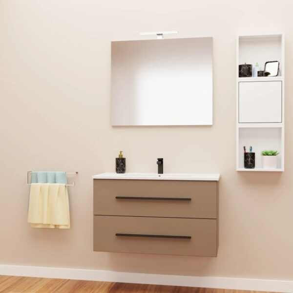 Set di mobili da bagno moderni: mobile lavabo, specchio, armadietto a specchio. Design elegante per il tuo bagno.