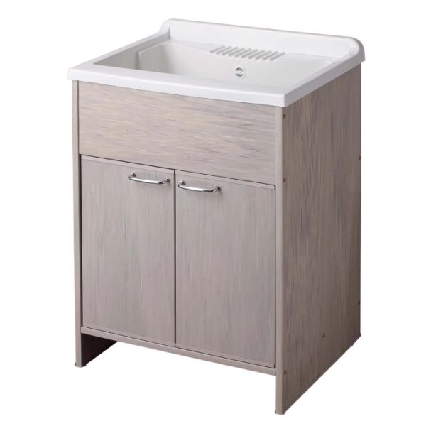 Mobile lavabo con due ante e lavabo bianco.