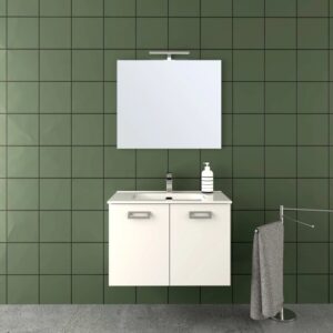 Mobile bagno bianco con specchio e portasciugamani. Set arredo bagno moderno.