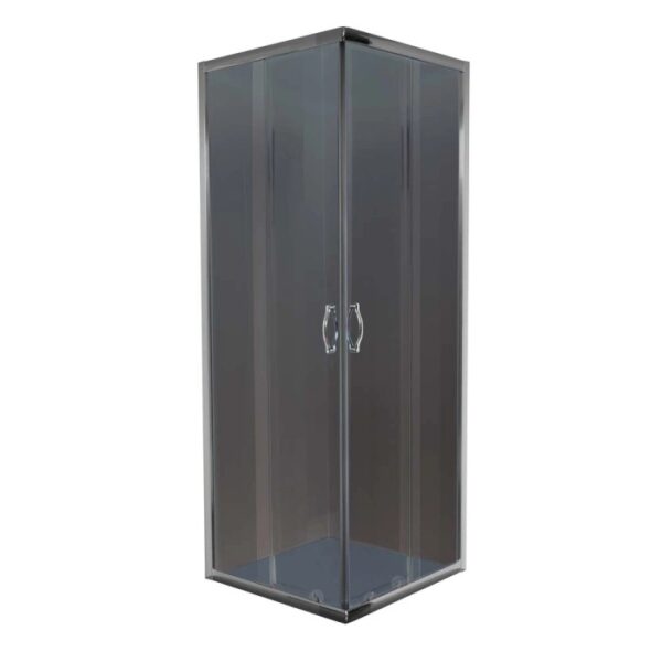 Box doccia angolare con pareti in vetro grigio e telaio argentato.