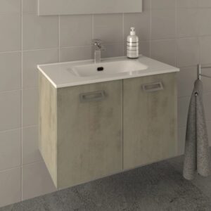 Mobile bagno moderno con lavabo, mobile sottolavabo effetto cemento e portasciugamani.