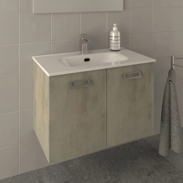 Mobile bagno moderno con lavabo, mobile sottolavabo effetto cemento e portasciugamani.