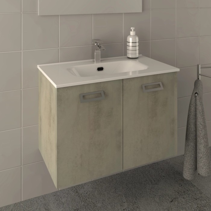 Mobile bagno moderno con lavabo, mobile sottolavabo effetto cemento e portasciugamani.