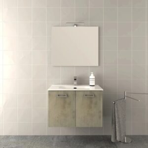 Set di mobili bagno moderni: mobile lavabo con lavandino, specchio e portasciugamani.