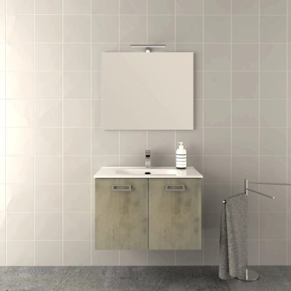 Set di mobili bagno moderni: mobile lavabo con lavandino, specchio e portasciugamani.