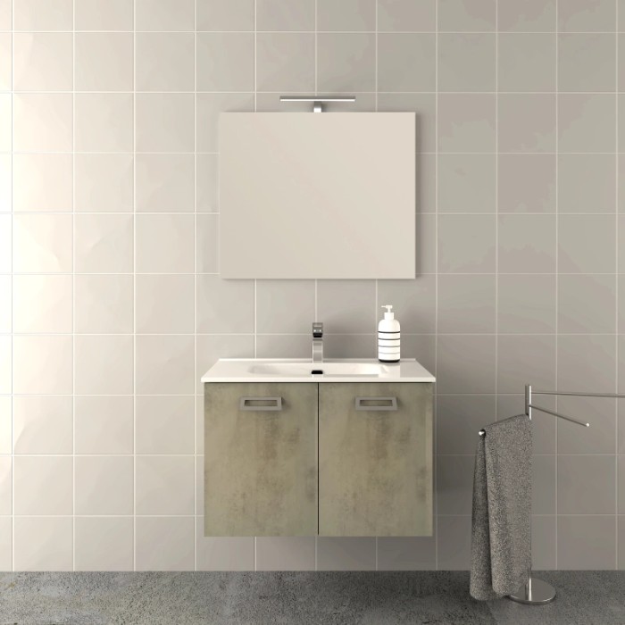 Set di mobili bagno moderni: mobile lavabo con lavandino, specchio e portasciugamani.