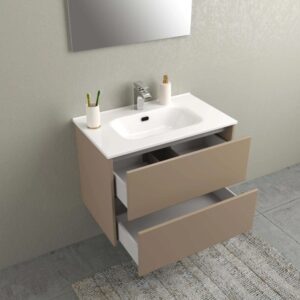 Mobile bagno beige con due cassetti aperti e lavabo bianco. Arredo bagno.