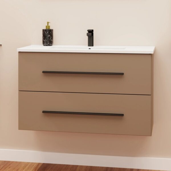 Mobile bagno moderno con lavabo, rubinetto e due cassetti color tortora.
