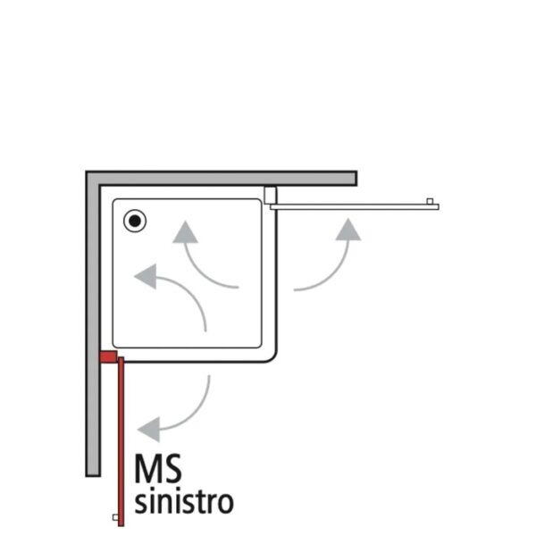 Schizzo di un box doccia angolare t.b.t con porta scorrevole e montaggio a sinistra.