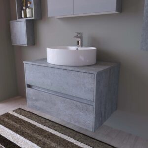 Mobile bagno grigio con lavabo d'appoggio, parte di un set di mobili per il bagno.