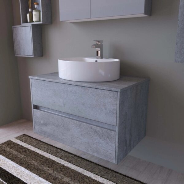 Mobile bagno grigio con lavabo d'appoggio, parte di un set di mobili per il bagno.