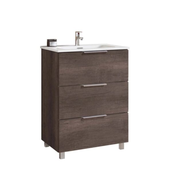 Mobile bagno moderno con lavabo, rubinetto e mobiletto in legno.