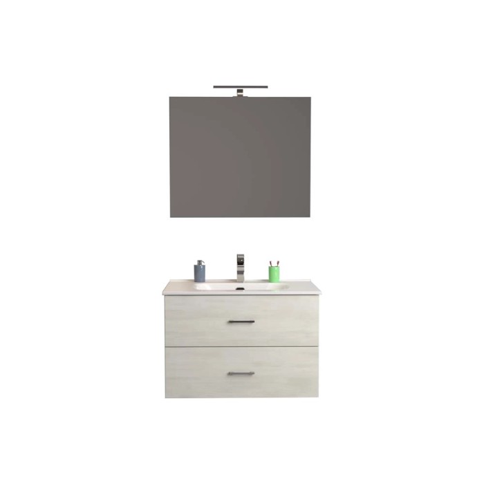 Set di mobili bagno moderni: mobile lavabo con due cassetti e specchio con illuminazione.