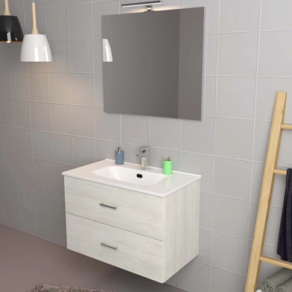Set di mobili da bagno moderni con mobile lavabo, specchio e scala portaoggetti.