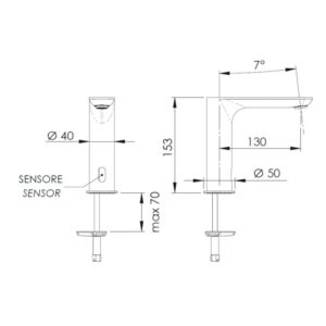 Disegno tecnico: rubinetto lavabo t.b.t. con sensore, dimensioni e dettagli.