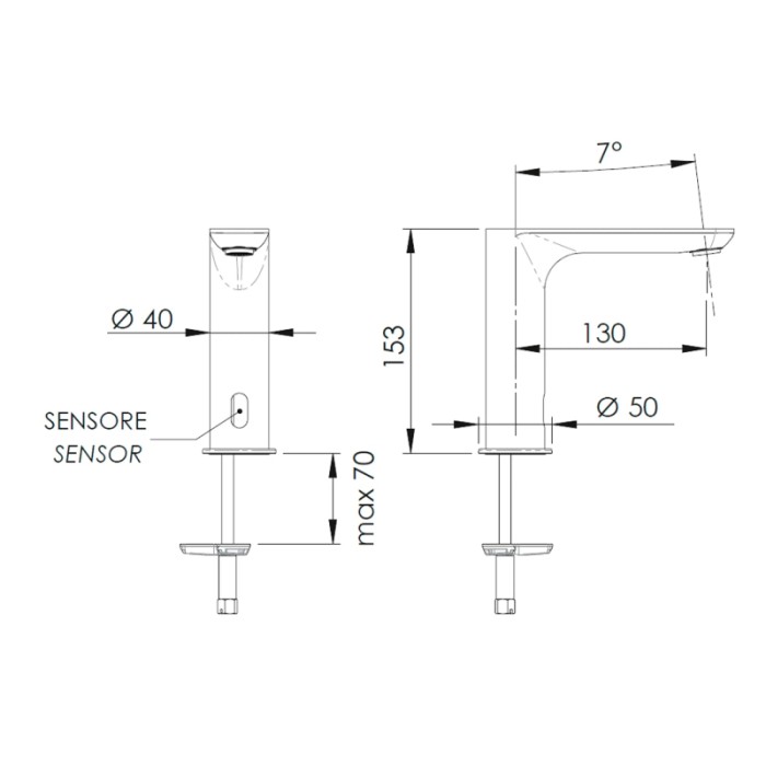 Disegno tecnico: rubinetto lavabo t.b.t. con sensore, dimensioni e dettagli.