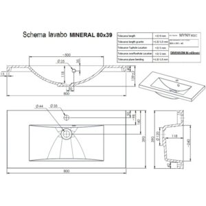 Disegno tecnico del lavabo singolo t.b.t. con dimensioni.