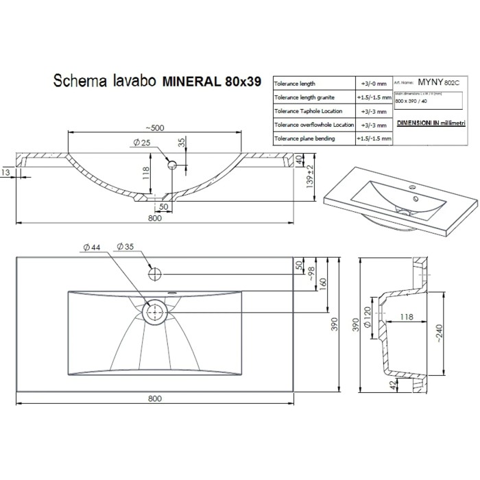 Disegno tecnico del lavabo singolo t.b.t. con dimensioni.