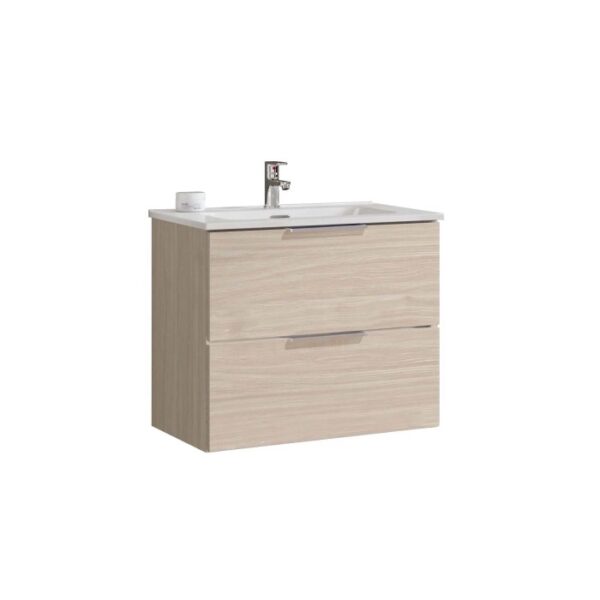 Mobile bagno t.b.t. effetto legno con due cassetti e lavabo da appoggio.