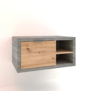 Mobile bagno sospeso effetto cemento con anta in legno e vano a giorno. Arredo bagno.