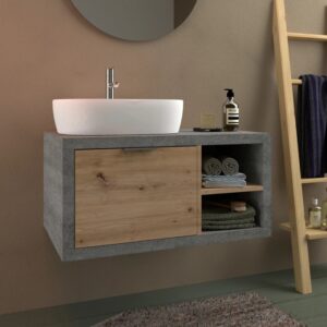 Mobile bagno moderno con lavabo, mobiletto effetto cemento e frontale in legno.
