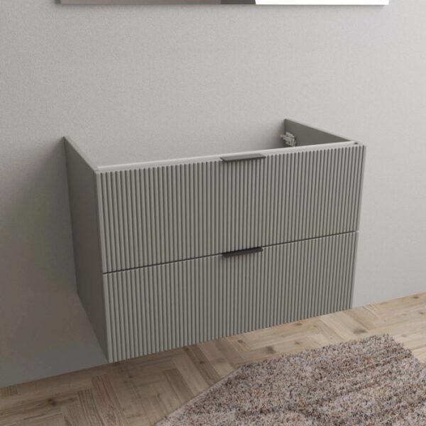 Mobile bagno grigio con due cassetti e frontale scanalato. Arredo bagno.