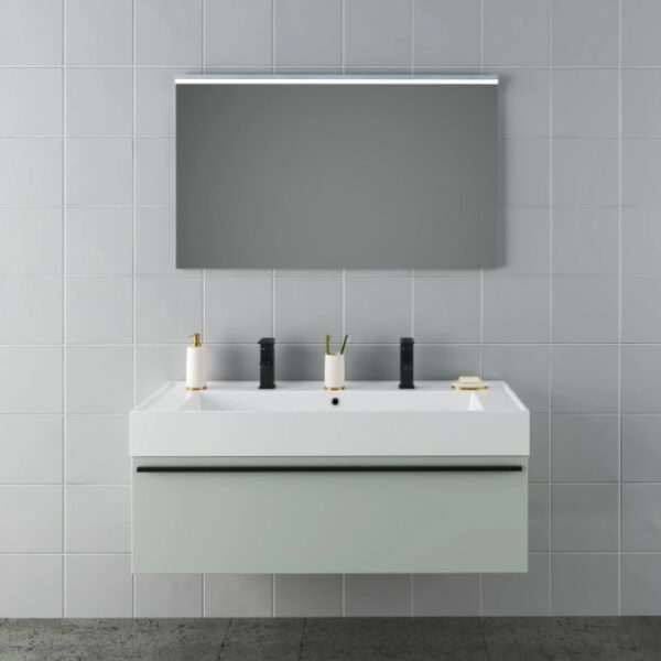 Set di mobili da bagno moderni con lavabo, mobile sottolavabo e specchio. Design elegante per il bagno.