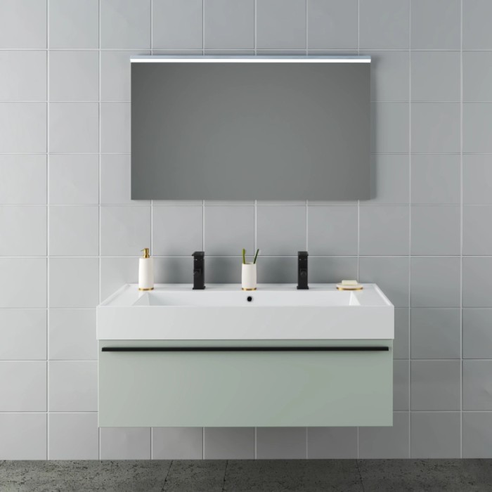 Set di mobili da bagno moderni con lavabo, mobile sottolavabo e specchio. Design elegante per il bagno.