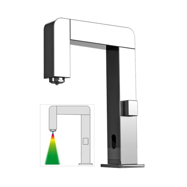Miscelatore lavabo t.b.t. moderno e squadrato con sensore a infrarossi e illuminazione a LED.